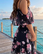 Daisy Women’s Floral Mini Dress – Off Shoulder Ruffle Hem Summer Beach Dress