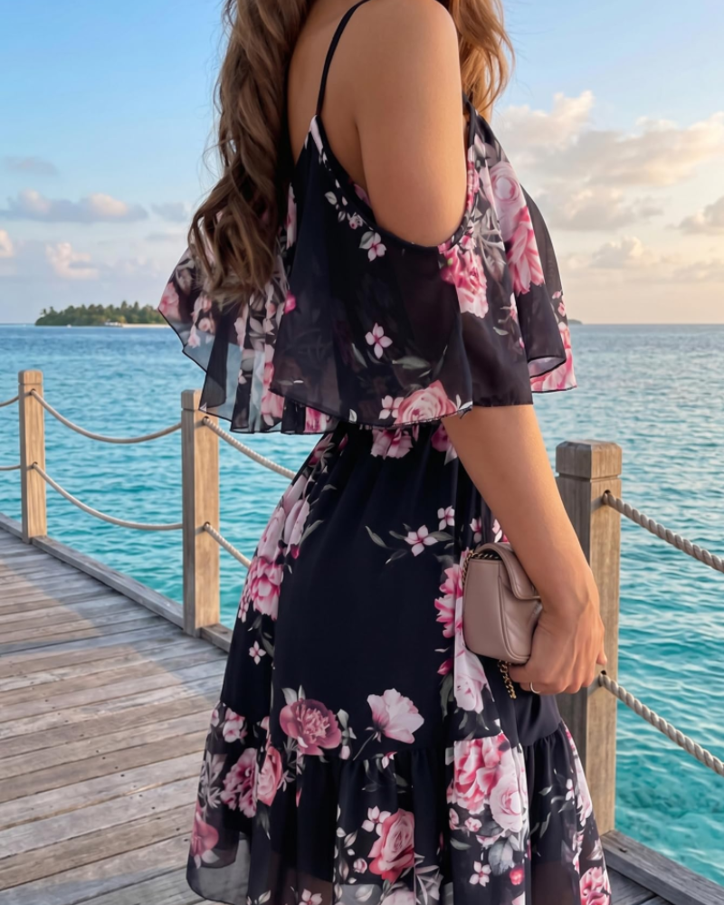 Daisy Women’s Floral Mini Dress – Off Shoulder Ruffle Hem Summer Beach Dress