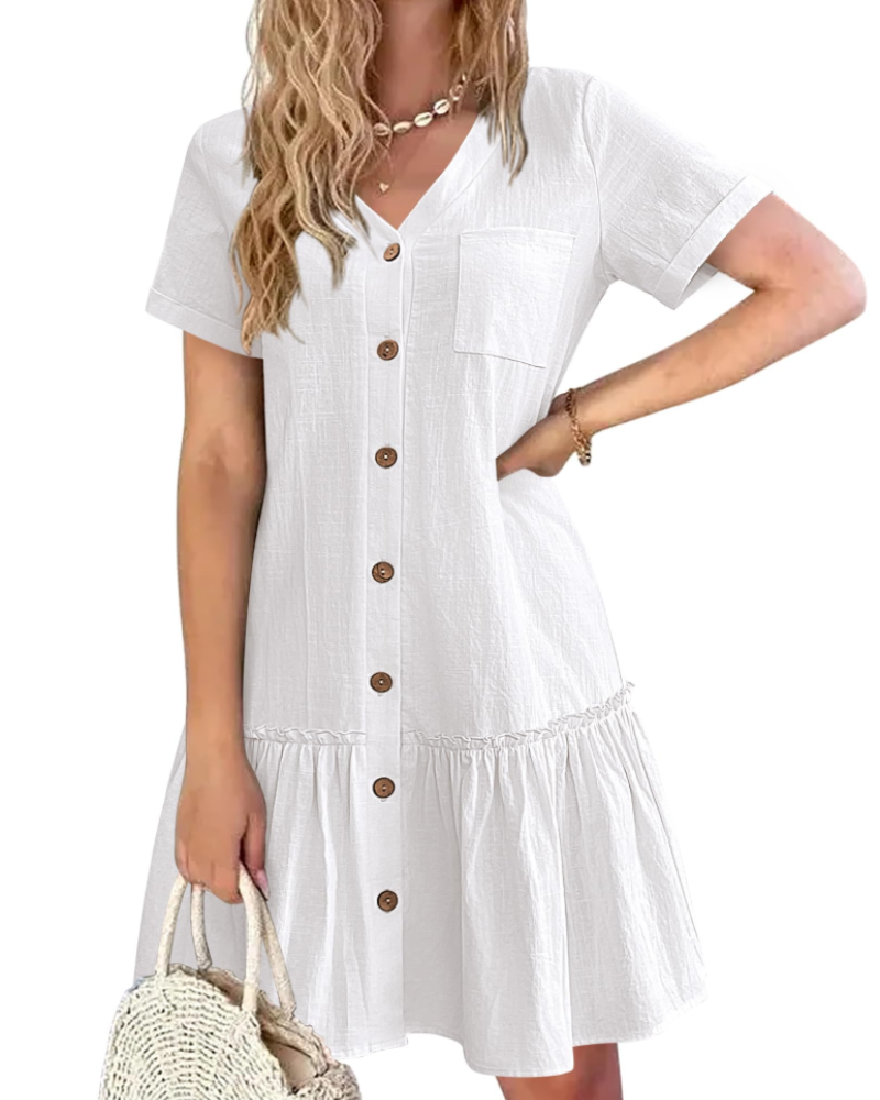 Nora Women's Cotton Linen Dress – V-Neck Knee-Length Dress with Wooden Buttons