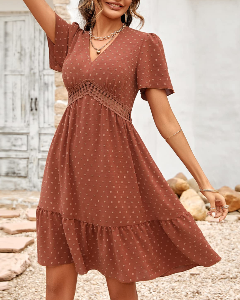 Madeline Women's Polka Dot Mini Dress – V-Neck A-Line Dress with Ruffle Details