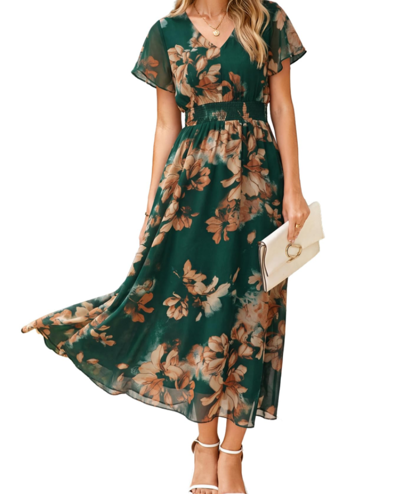 Isabella Women's Floral Maxi Dress – V-Neck Flutter Sleeve Dress for Weddings