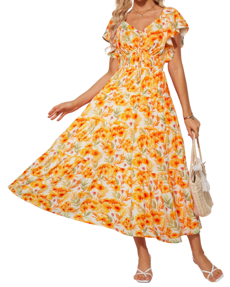 Camryn Women's Floral Maxi Dress – V-Neck Ruffle Sleeve Elastic Waist Boho Dress
