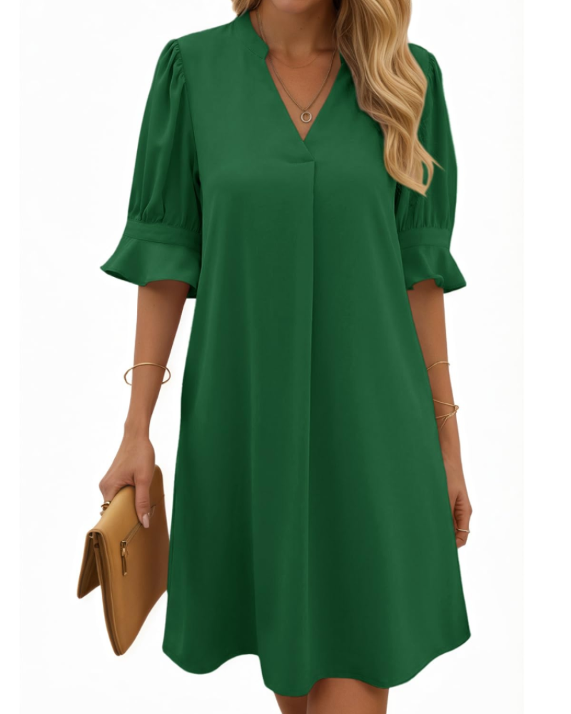 Tessa Women's V-Neck Midi Dress – Ruched Sleeve Summer Dress in Solid Color
