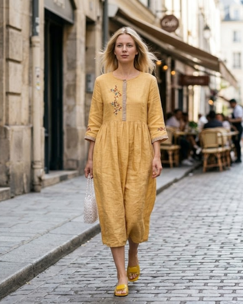 Zara Women’s Cotton Linen Dress – Boho Embroidered Midi Dress with Relaxed Fit