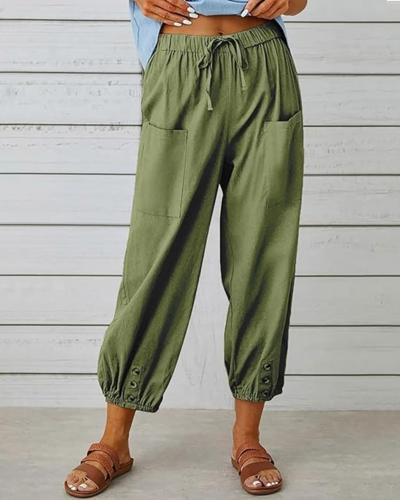 Madison Women’s Cotton Capri Pants – High Waist Wide Leg Drawstring Pants with Pockets