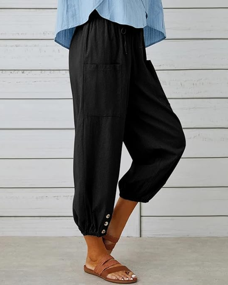 Madison Women’s Cotton Capri Pants – High Waist Wide Leg Drawstring Pants with Pockets