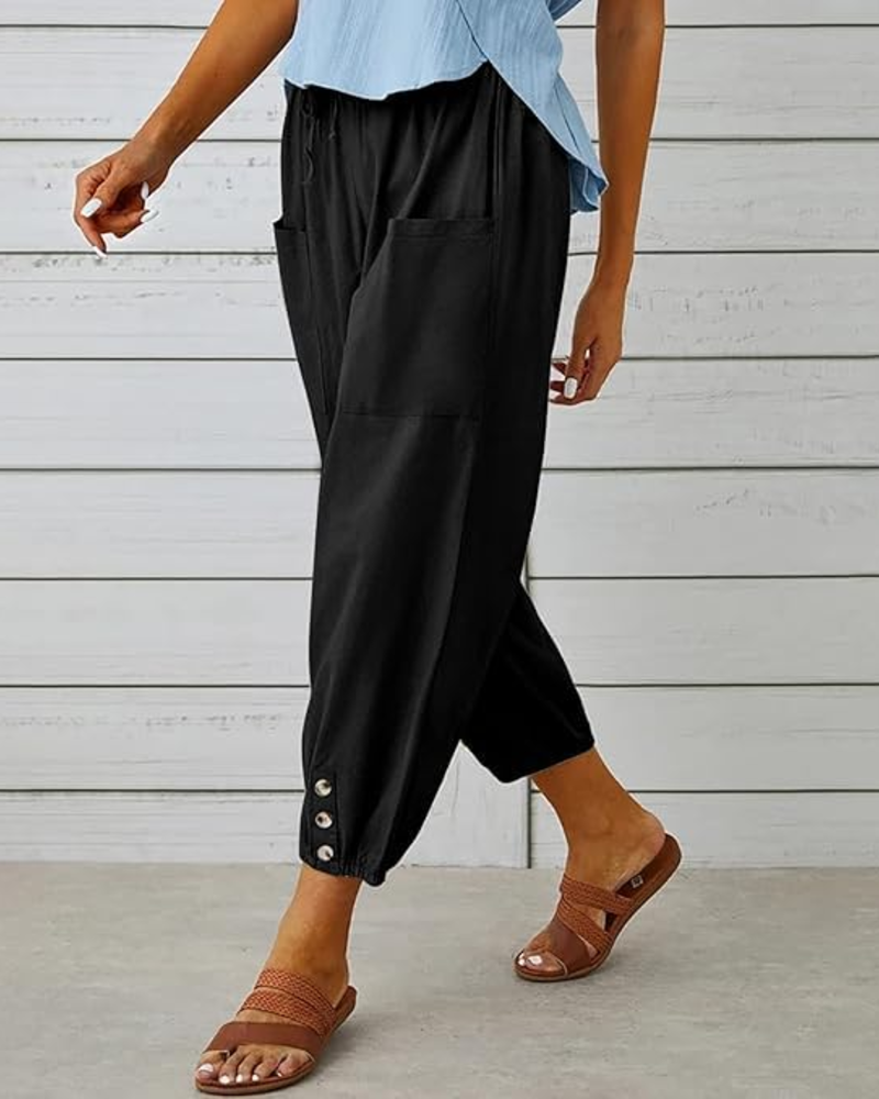Madison Women’s Cotton Capri Pants – High Waist Wide Leg Drawstring Pants with Pockets