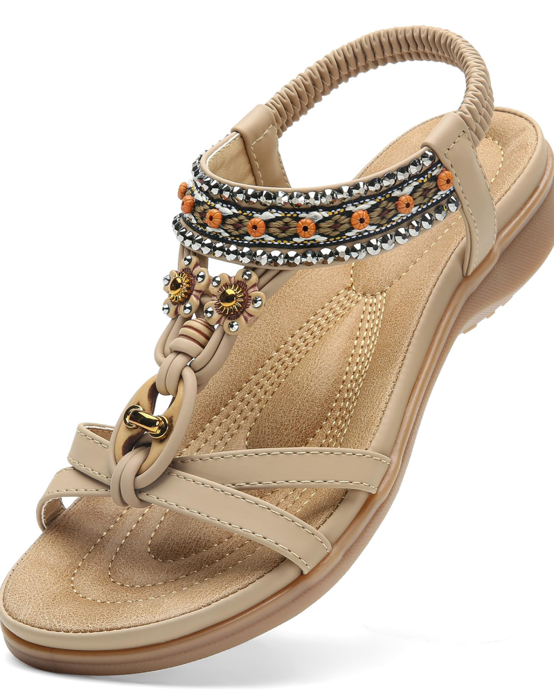 Chloe Women's Bohemian Sandals – Rhinestone T-Strap Sandals with Arch Support
