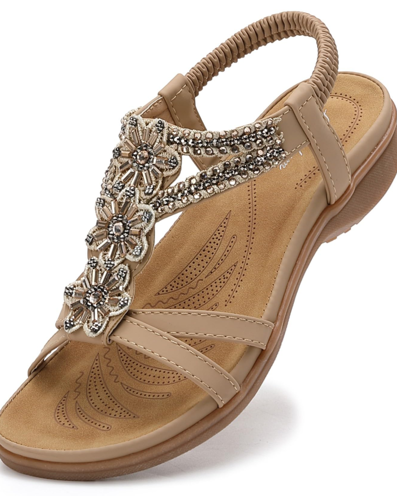 Lily Women's Bohemian Sandals – Floral T-Strap Flat Sandals for Summer Wear