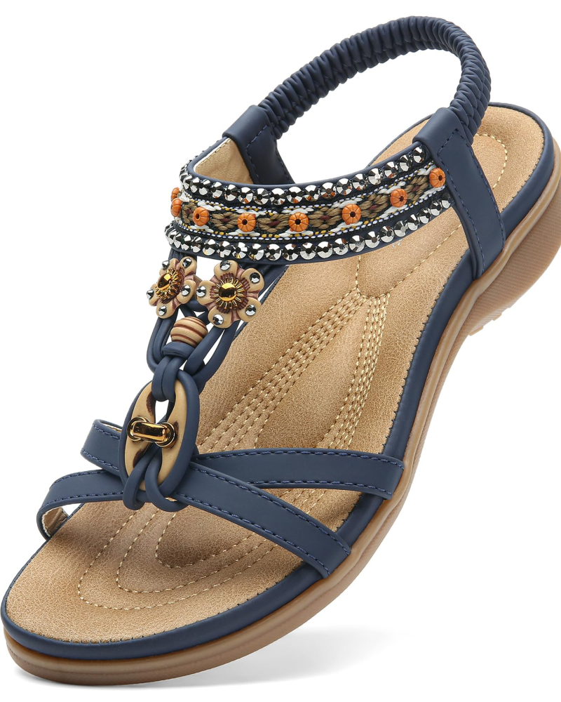 Chloe Women's Bohemian Sandals – Rhinestone T-Strap Sandals with Arch Support