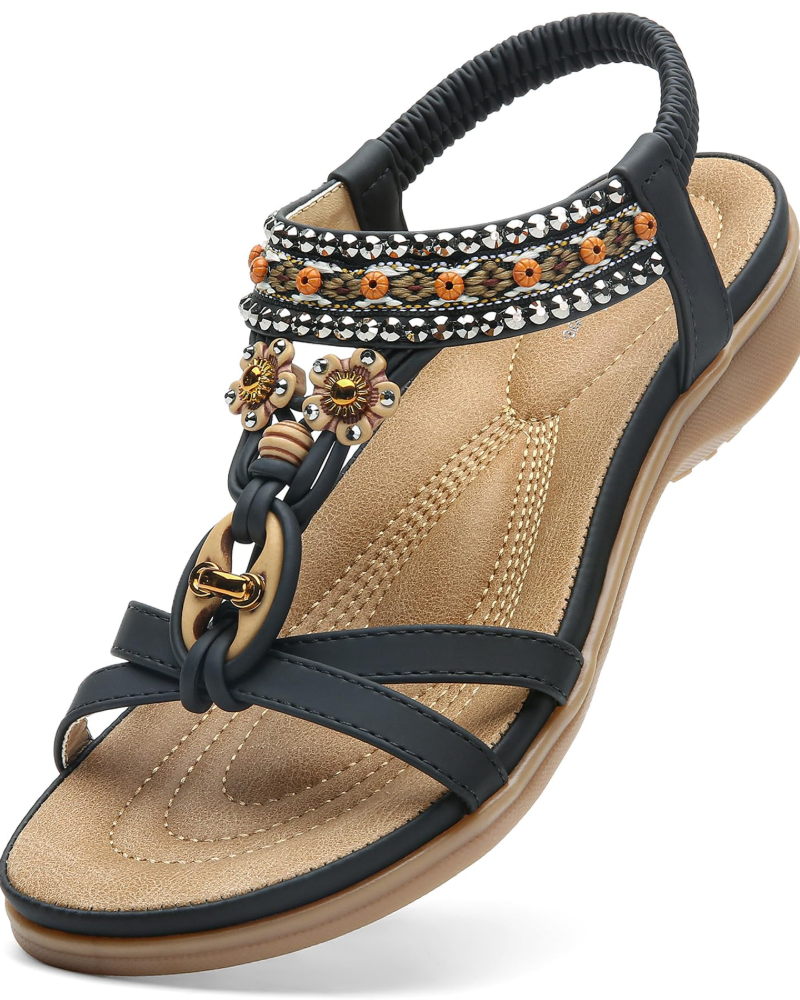 Chloe Women's Bohemian Sandals – Rhinestone T-Strap Sandals with Arch Support