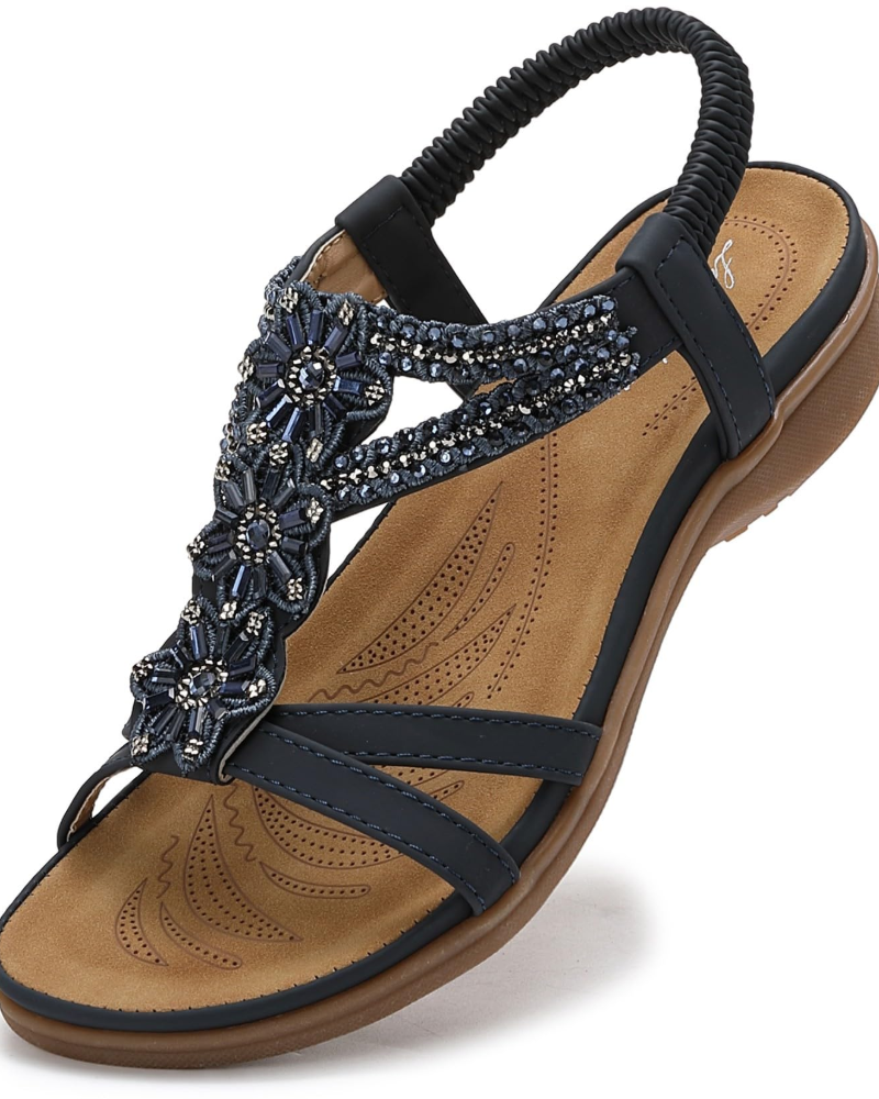 Lily Women's Bohemian Sandals – Floral T-Strap Flat Sandals for Summer Wear