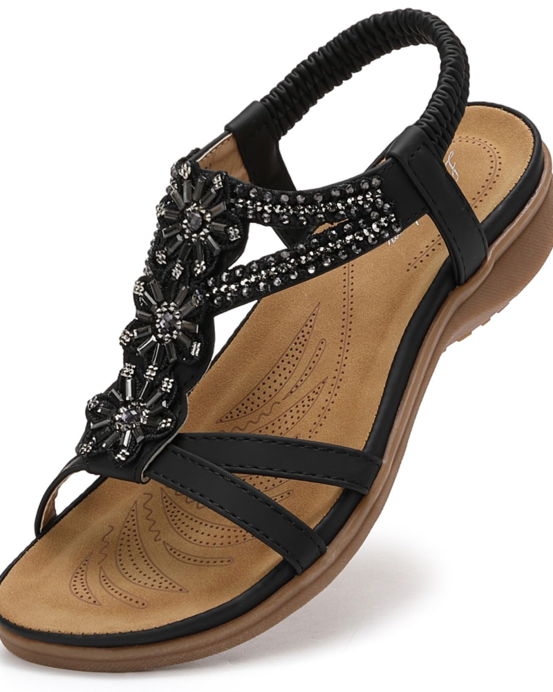 Lily Women's Bohemian Sandals – Floral T-Strap Flat Sandals for Summer Wear