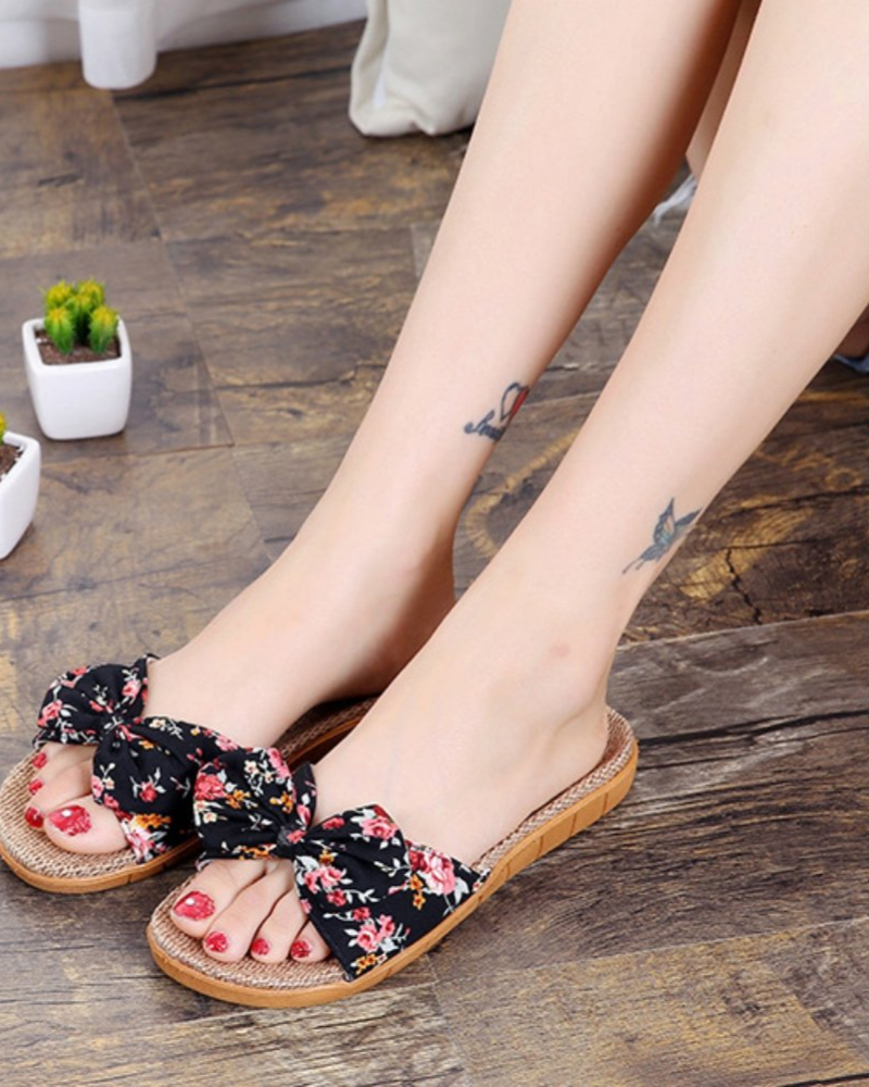 Bella Women's Linen Flat Sandals – Butterfly Bow Open Toe Slippers for Summer
