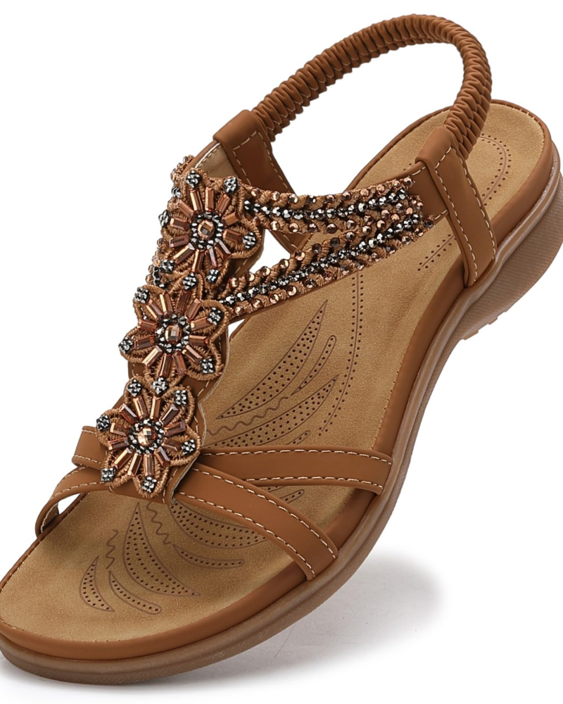 Lily Women's Bohemian Sandals – Floral T-Strap Flat Sandals for Summer Wear