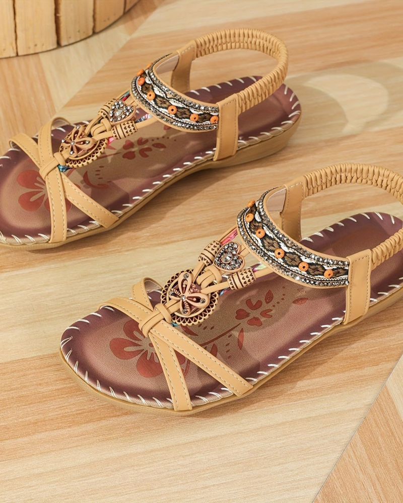 Mila Women's Bohemian Sandals – Rhinestone Elastic Strap Sandals for Summer