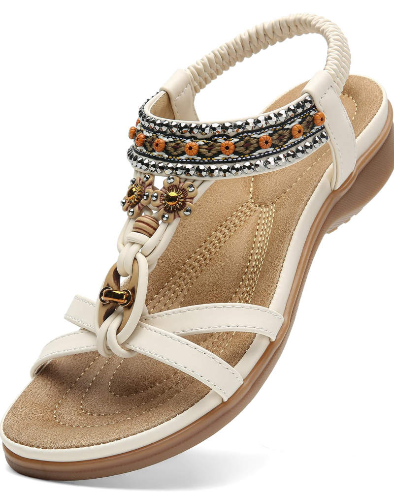 Chloe Women's Bohemian Sandals – Rhinestone T-Strap Sandals with Arch Support