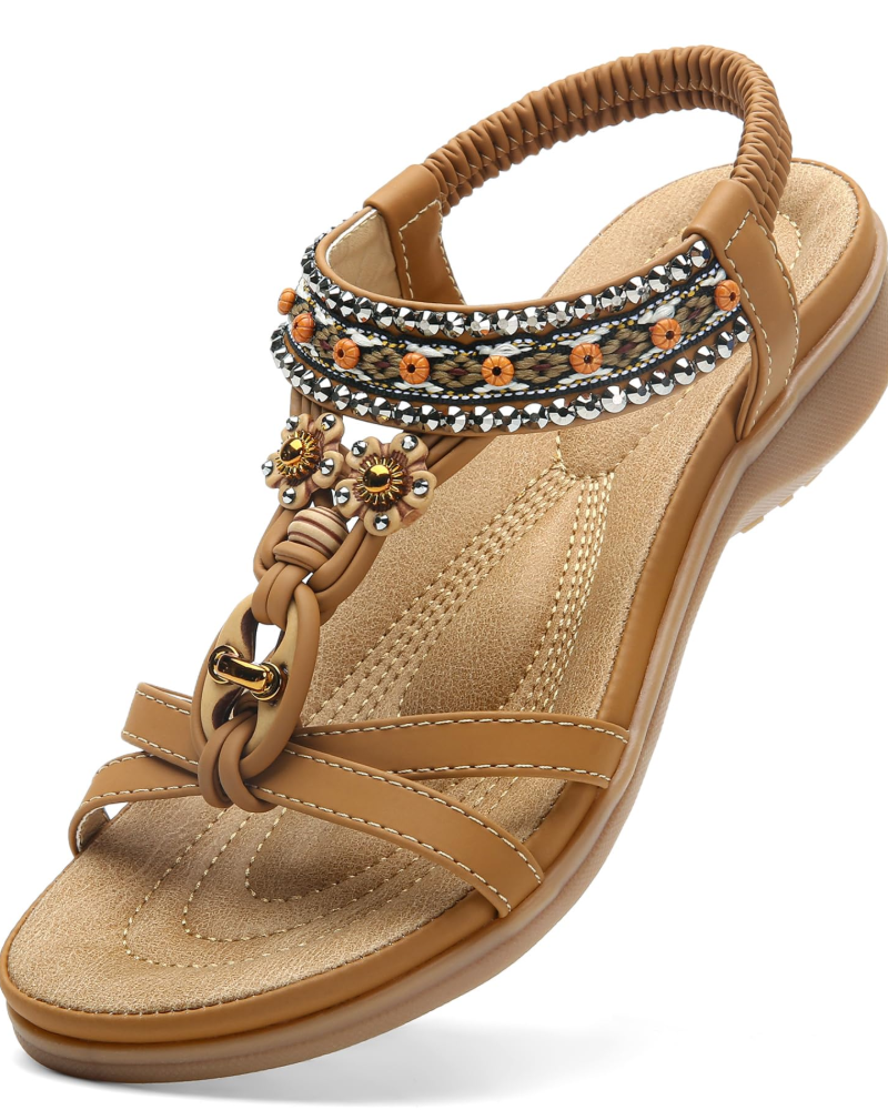 Chloe Women's Bohemian Sandals – Rhinestone T-Strap Sandals with Arch Support
