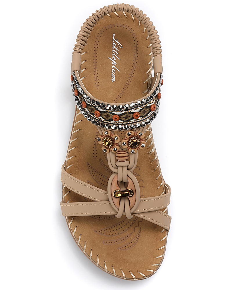 Chloe Women's Bohemian Sandals – Rhinestone T-Strap Sandals with Arch Support