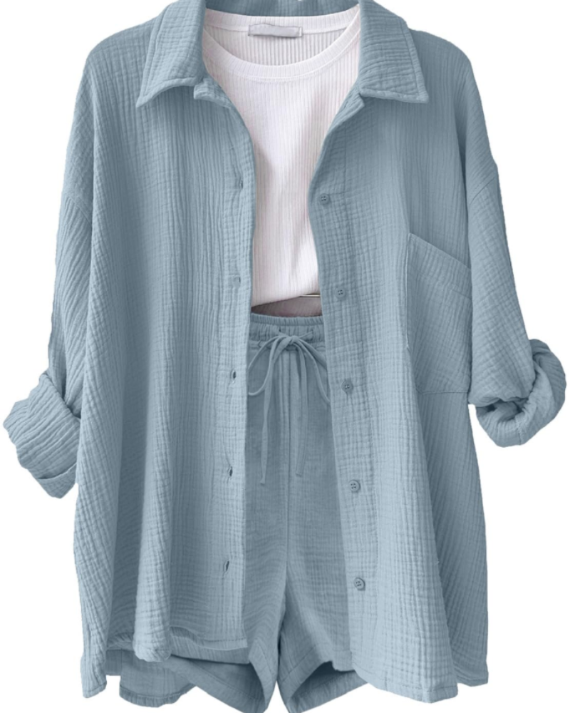 Lena Women's Co-ord Set – Cotton Linen Shirt & Shorts Summer Casual Two-Piece Outfit