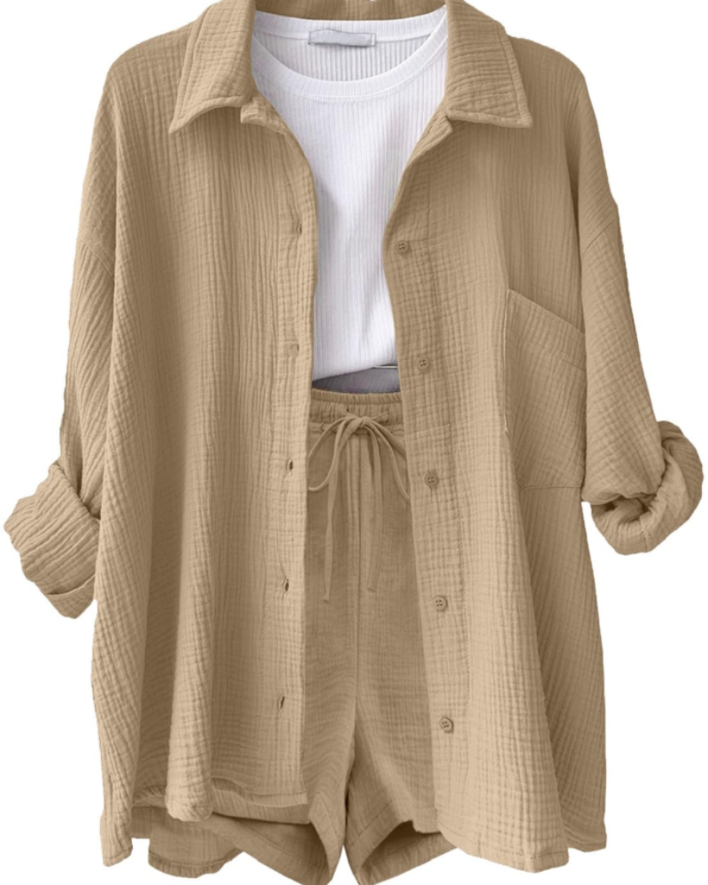Lena Women's Co-ord Set – Cotton Linen Shirt & Shorts Summer Casual Two-Piece Outfit