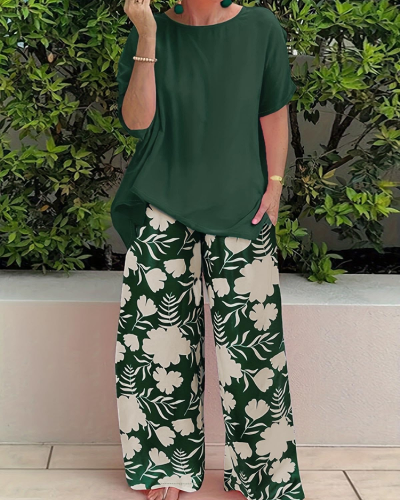 Paige Women’s Floral 2-Piece Set – Short Sleeve Top & Loose Pants Casual Outfit