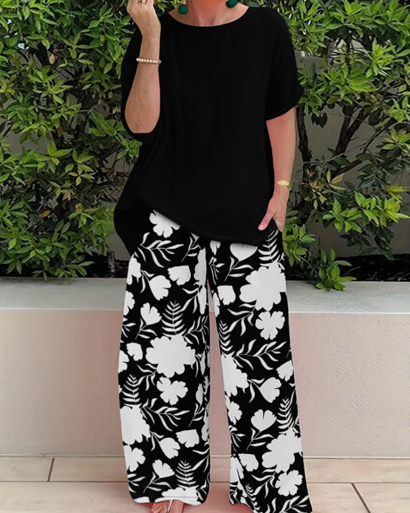 Paige Women’s Floral 2-Piece Set – Short Sleeve Top & Loose Pants Casual Outfit