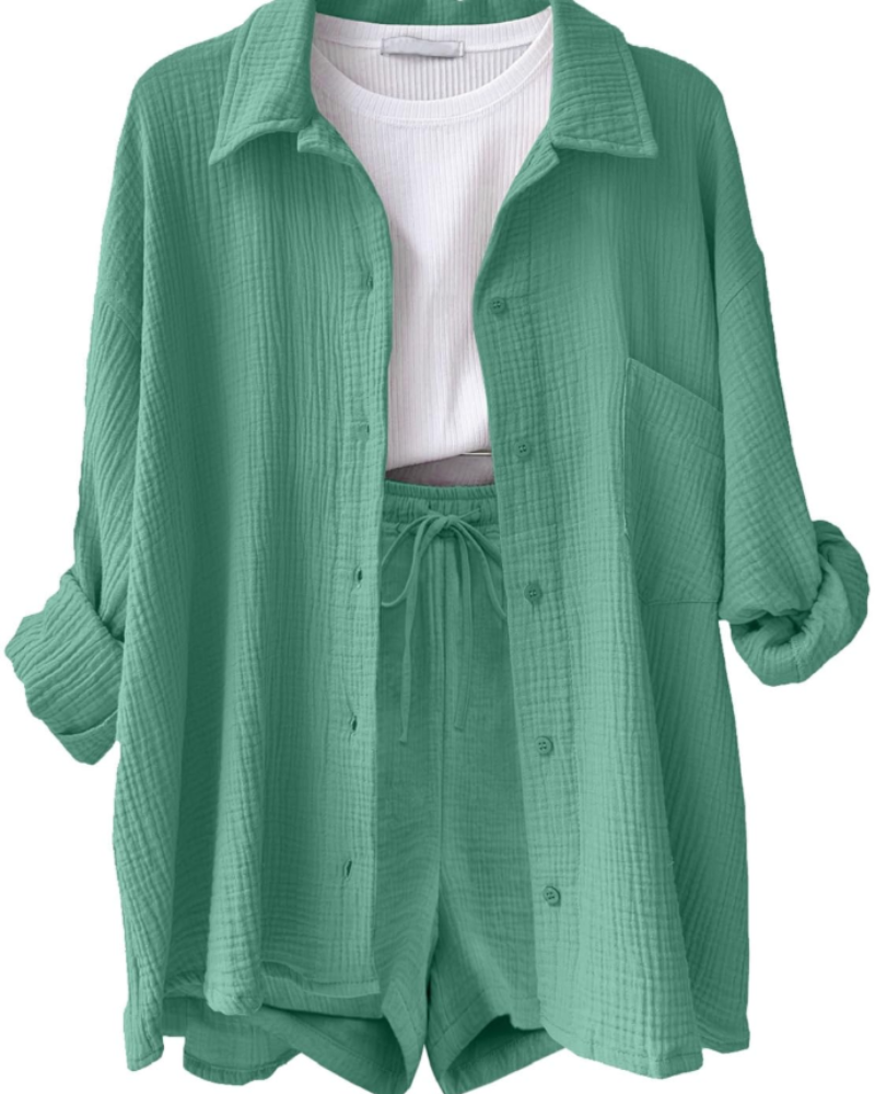 Lena Women's Co-ord Set – Cotton Linen Shirt & Shorts Summer Casual Two-Piece Outfit