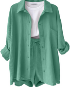 Lena Women's Co-ord Set – Cotton Linen Shirt & Shorts Summer Casual Two-Piece Outfit
