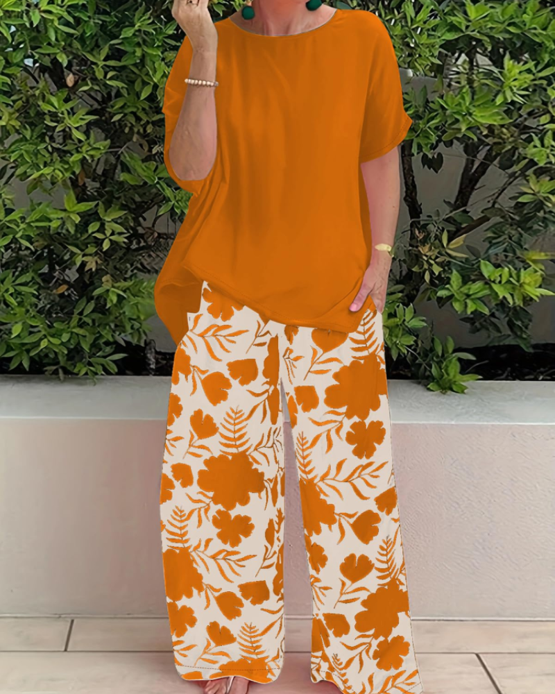 Paige Women’s Floral 2-Piece Set – Short Sleeve Top & Loose Pants Casual Outfit