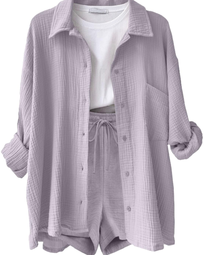 Lena Women's Co-ord Set – Cotton Linen Shirt & Shorts Summer Casual Two-Piece Outfit