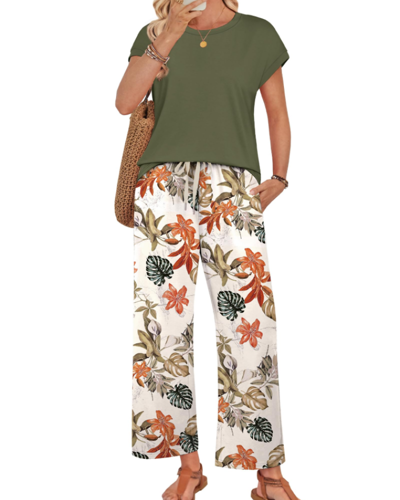 Avery Women's Lounge Set – Cap Sleeve Top and Wide Leg Pants for Travel and Resort Wear
