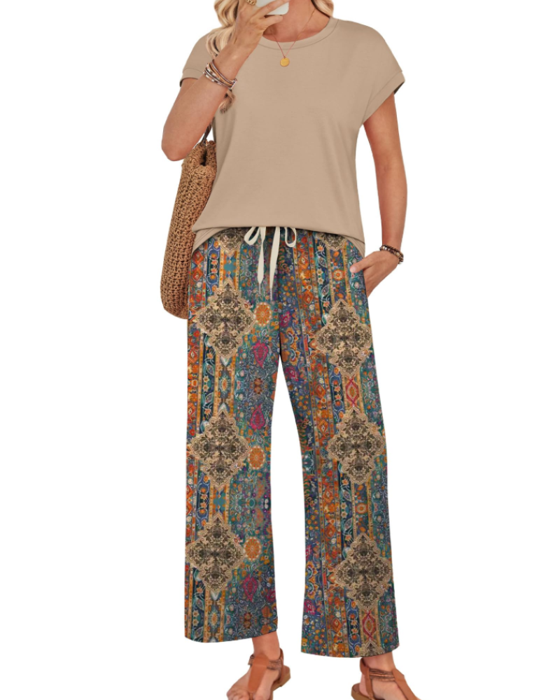 Avery Women's Lounge Set – Cap Sleeve Top and Wide Leg Pants for Travel and Resort Wear