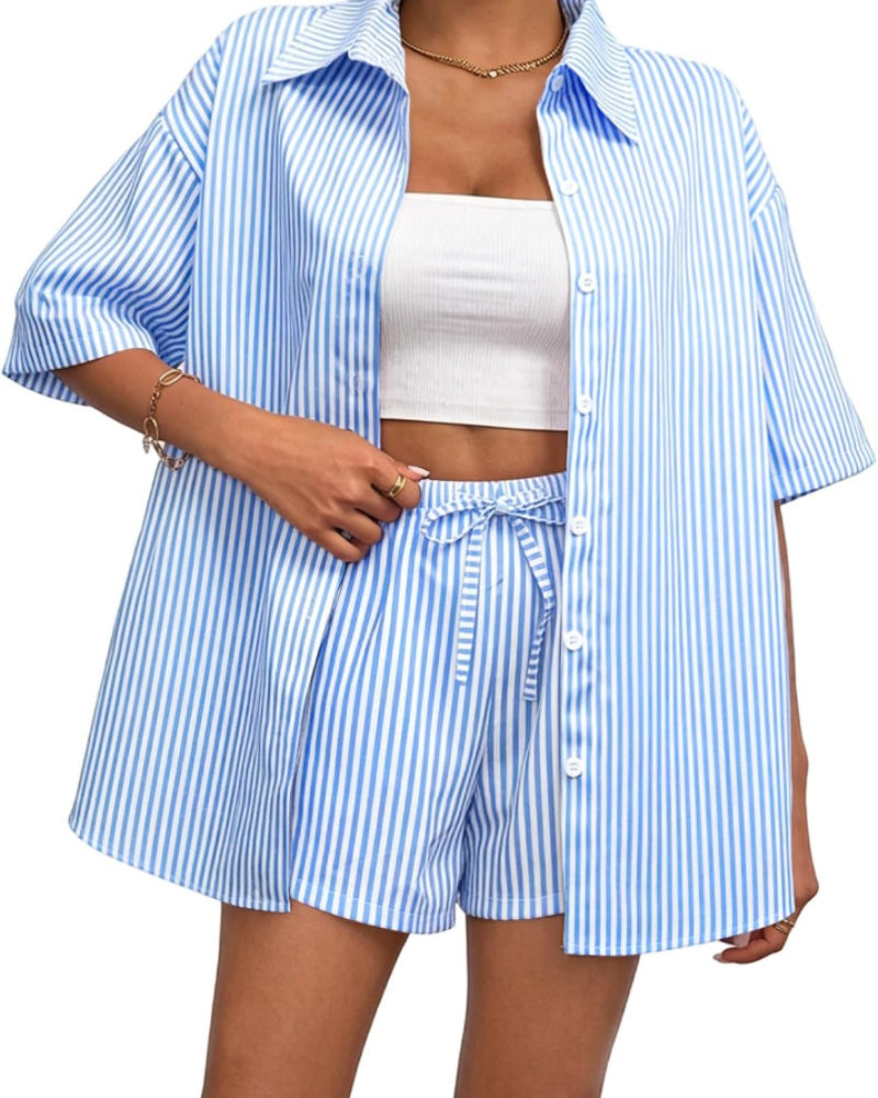 Ava Women’s Striped Summer Set – Shirt & Shorts Co-Ord Casual Outfit