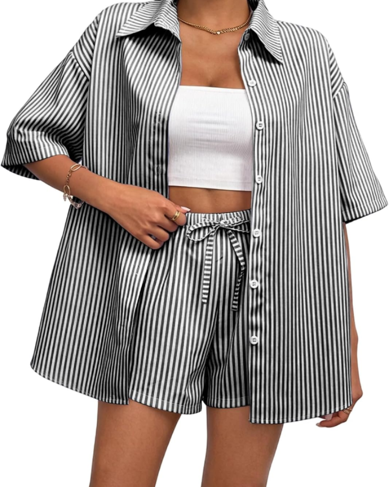 Ava Women’s Striped Summer Set – Shirt & Shorts Co-Ord Casual Outfit