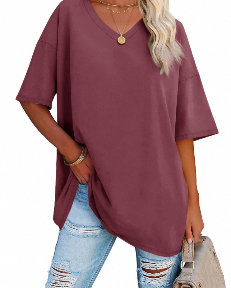 Clara Women's Oversized V-Neck T-Shirt – Short Sleeve Casual Top in Soft Cotton Blend