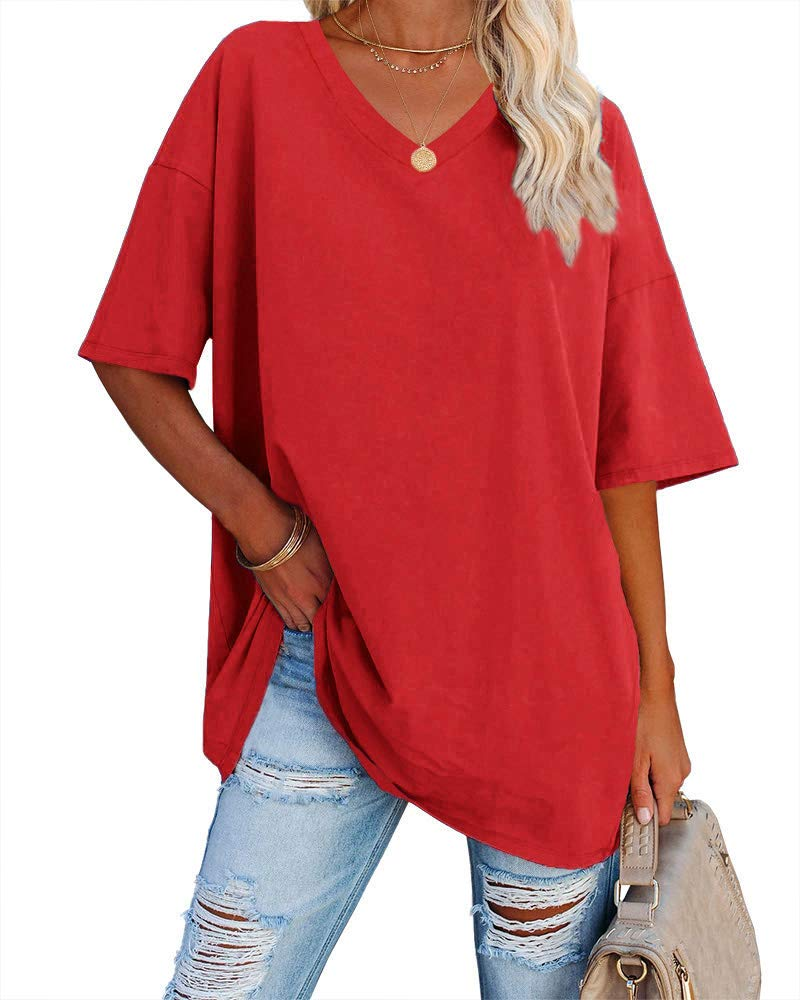 Clara Women's Oversized V-Neck T-Shirt – Short Sleeve Casual Top in Soft Cotton Blend