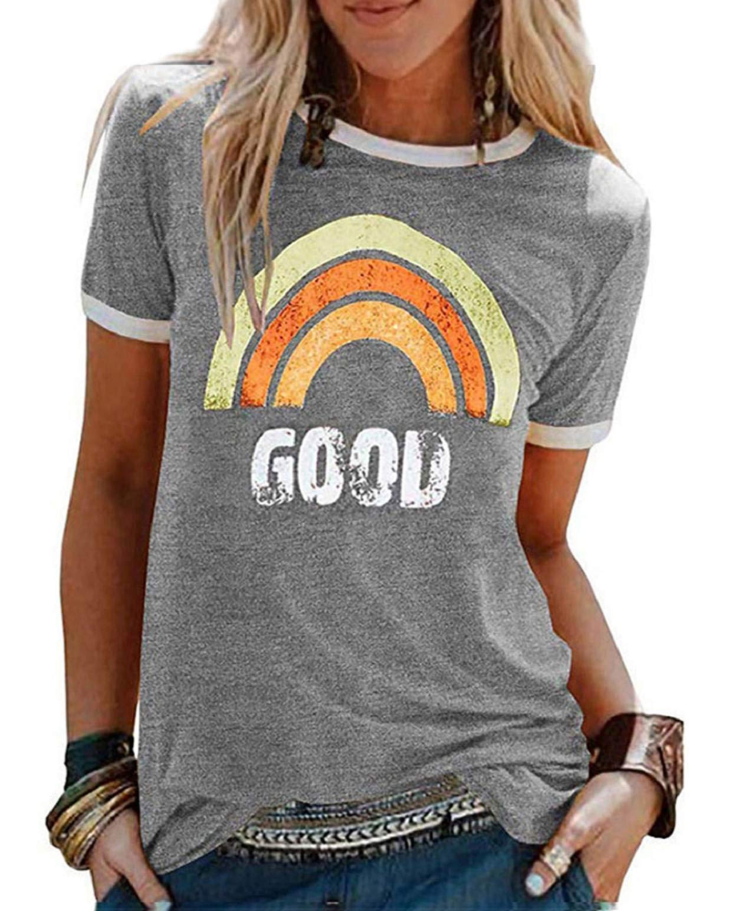 Lily Women's Graphic T-Shirt – Rainbow Letter Tee with Contrast Trim for Summer