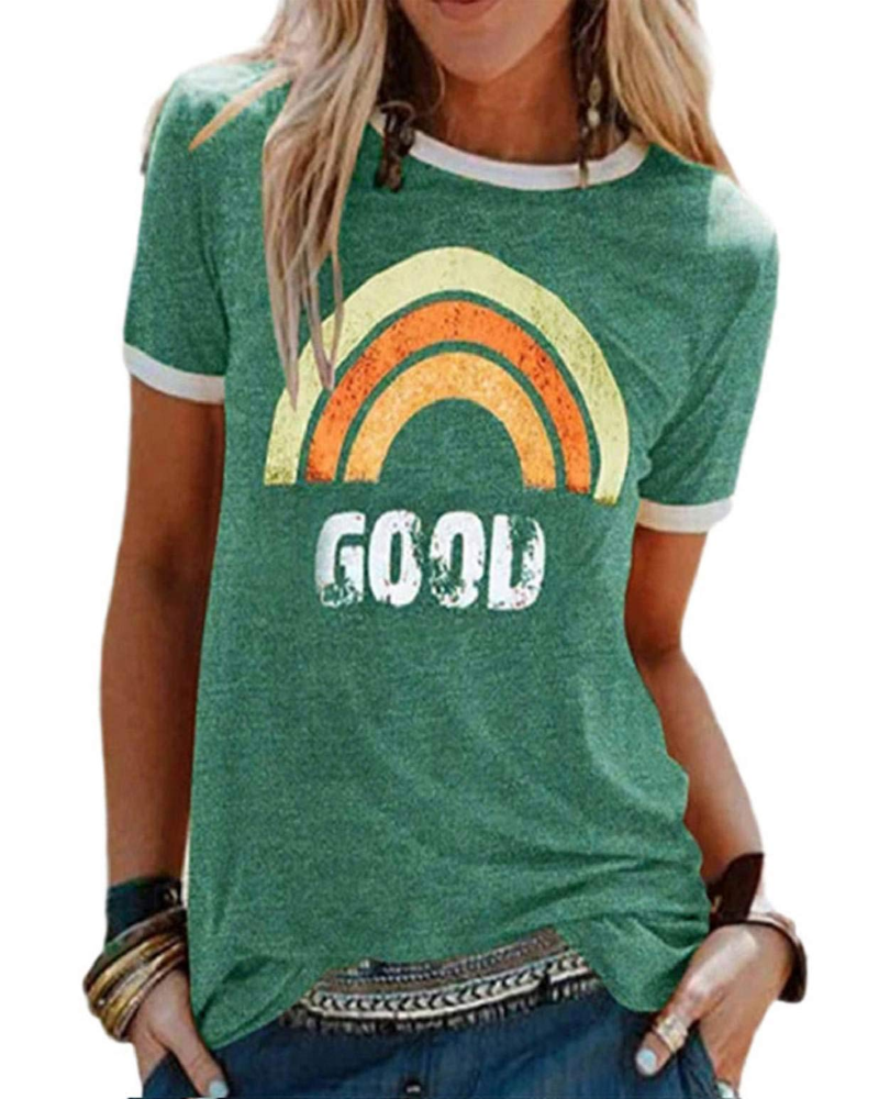 Lily Women's Graphic T-Shirt – Rainbow Letter Tee with Contrast Trim for Summer