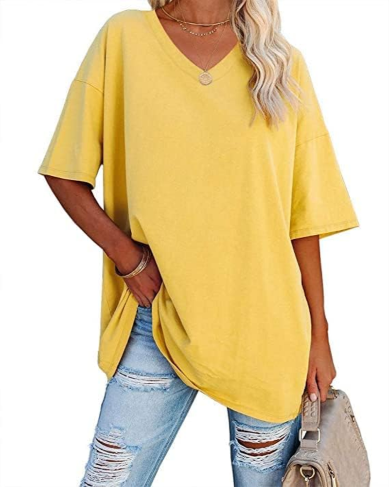 Clara Women's Oversized V-Neck T-Shirt – Short Sleeve Casual Top in Soft Cotton Blend