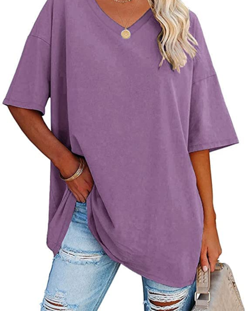 Clara Women's Oversized V-Neck T-Shirt – Short Sleeve Casual Top in Soft Cotton Blend