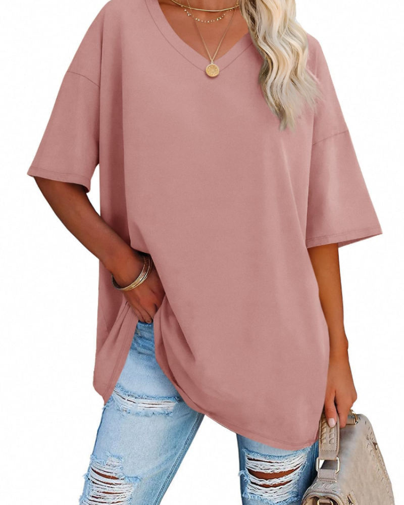 Clara Women's Oversized V-Neck T-Shirt – Short Sleeve Casual Top in Soft Cotton Blend