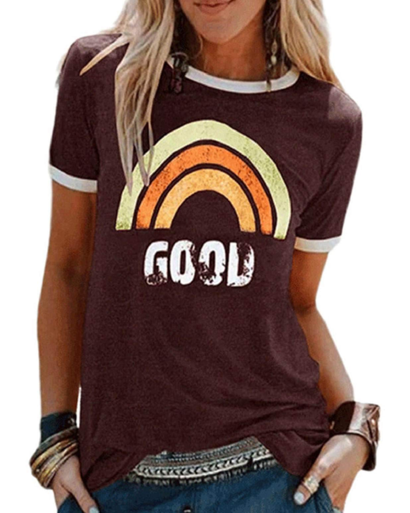 Lily Women's Graphic T-Shirt – Rainbow Letter Tee with Contrast Trim for Summer
