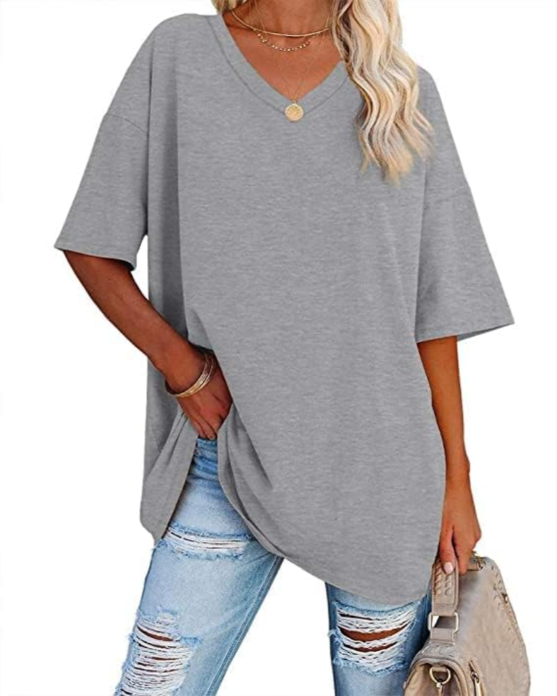 Clara Women's Oversized V-Neck T-Shirt – Short Sleeve Casual Top in Soft Cotton Blend