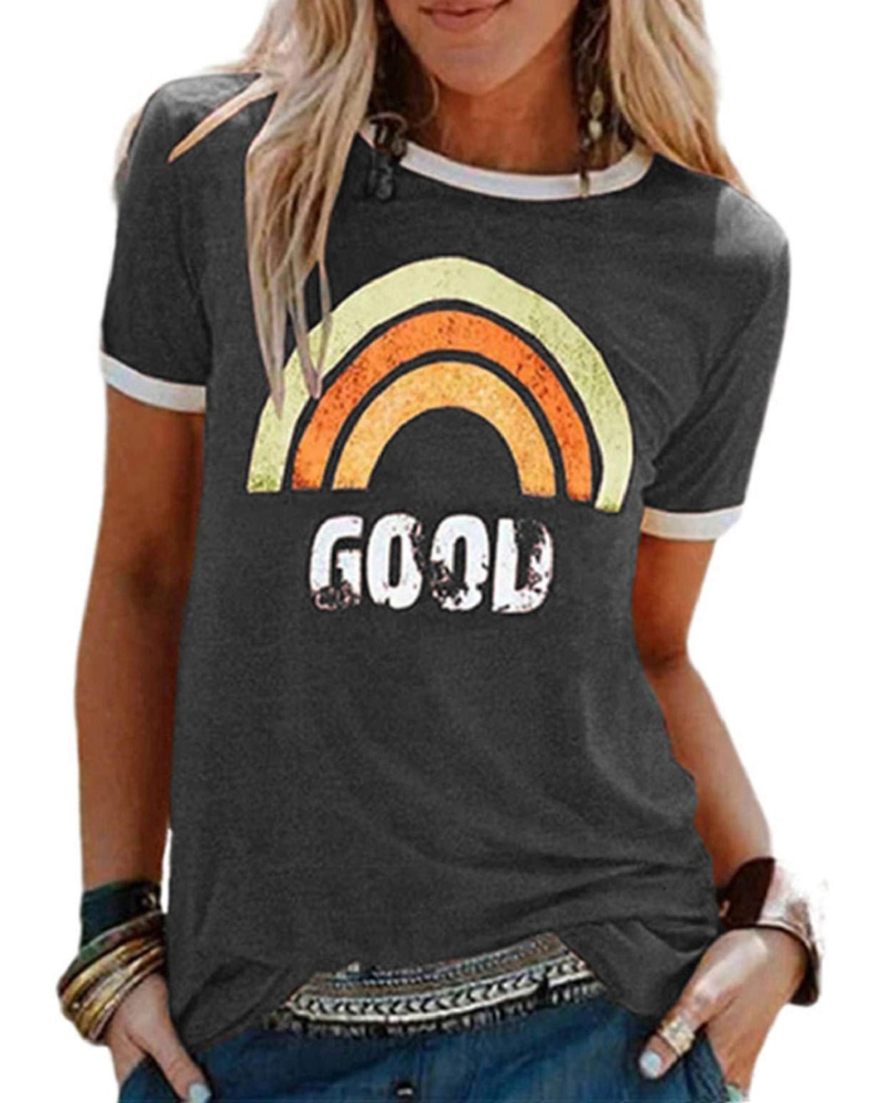 Lily Women's Graphic T-Shirt – Rainbow Letter Tee with Contrast Trim for Summer