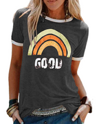 Lily Women's Graphic T-Shirt – Rainbow Letter Tee with Contrast Trim for Summer