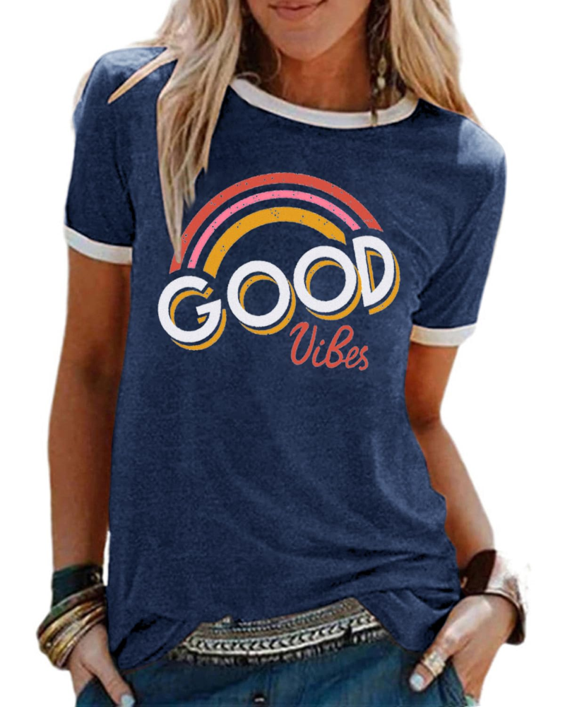 Lily Women's Graphic T-Shirt – Rainbow Letter Tee with Contrast Trim for Summer