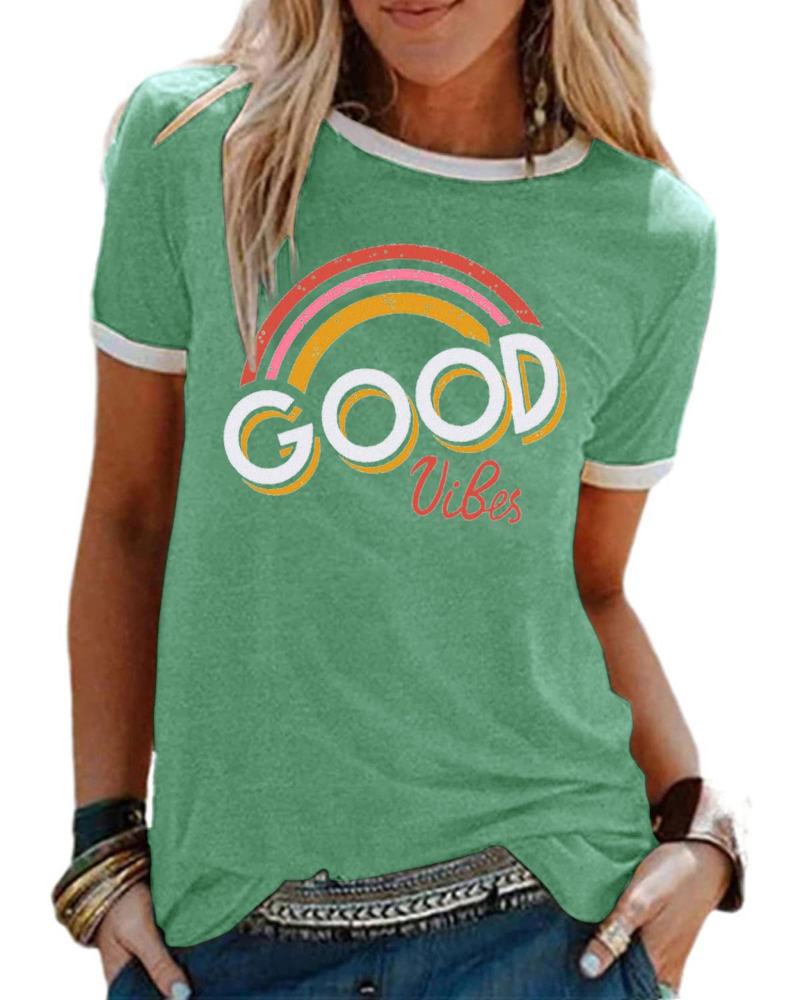 Lily Women's Graphic T-Shirt – Rainbow Letter Tee with Contrast Trim for Summer
