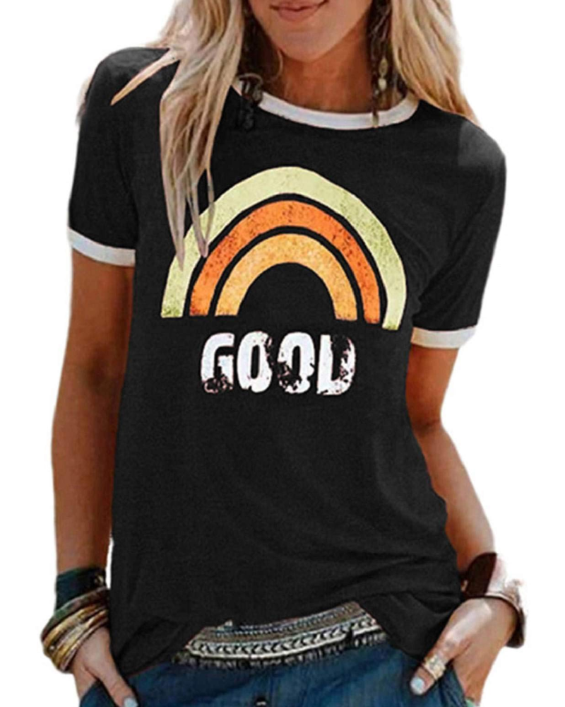 Lily Women's Graphic T-Shirt – Rainbow Letter Tee with Contrast Trim for Summer