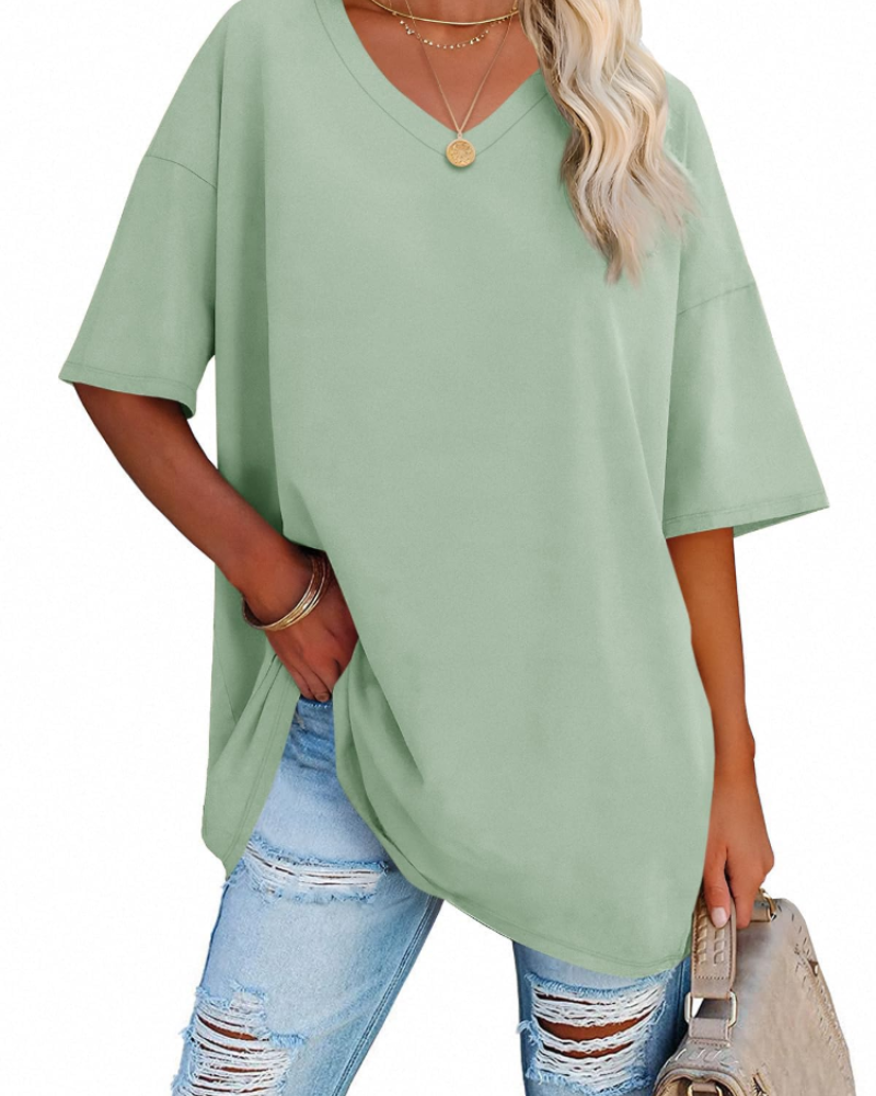 Clara Women's Oversized V-Neck T-Shirt – Short Sleeve Casual Top in Soft Cotton Blend